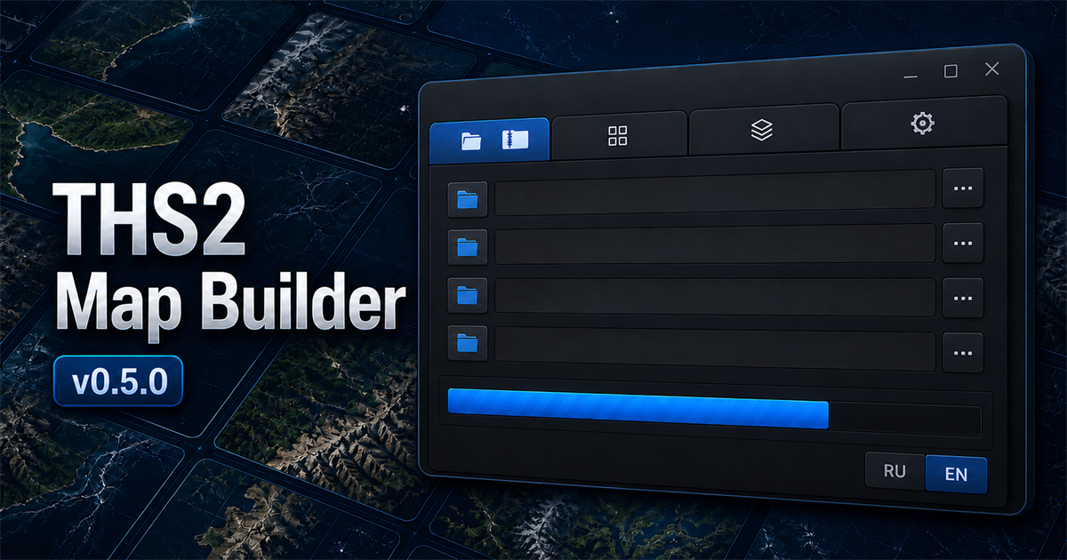 Тёмное окно THS2 Map Builder 0.5.0 на фоне спутниковых тайлов, с иконками папки и ZIP